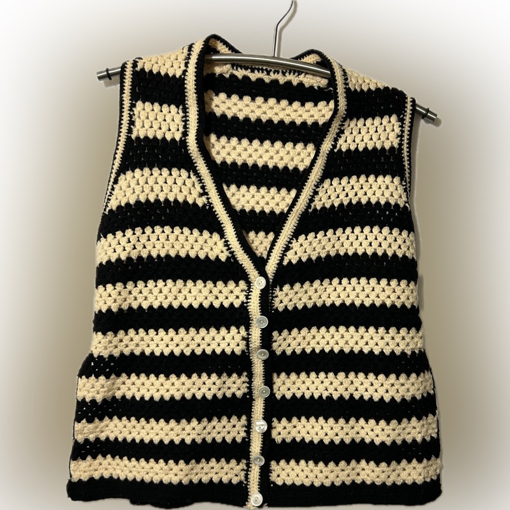Women’s Hand Knit Crochet Black and Cream Striped Button Down Sweater Vest S/M